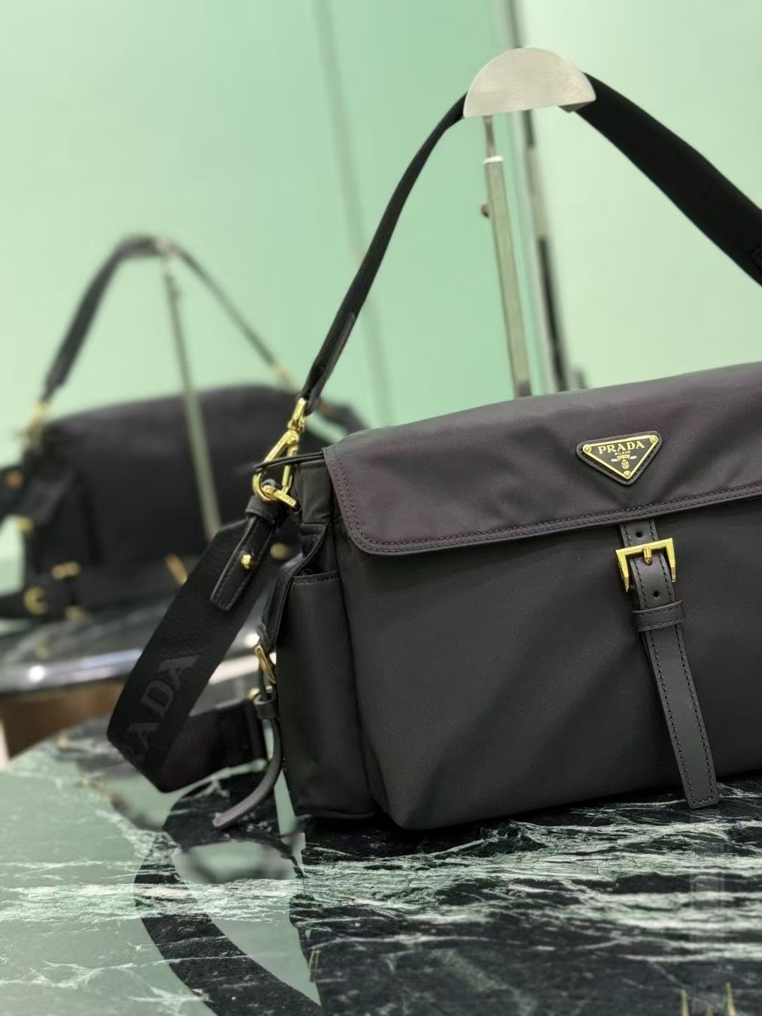 Prada Black Large Explore Shoulder Bag | Re-Nylon, Quilted Handles & Multi-Pocket