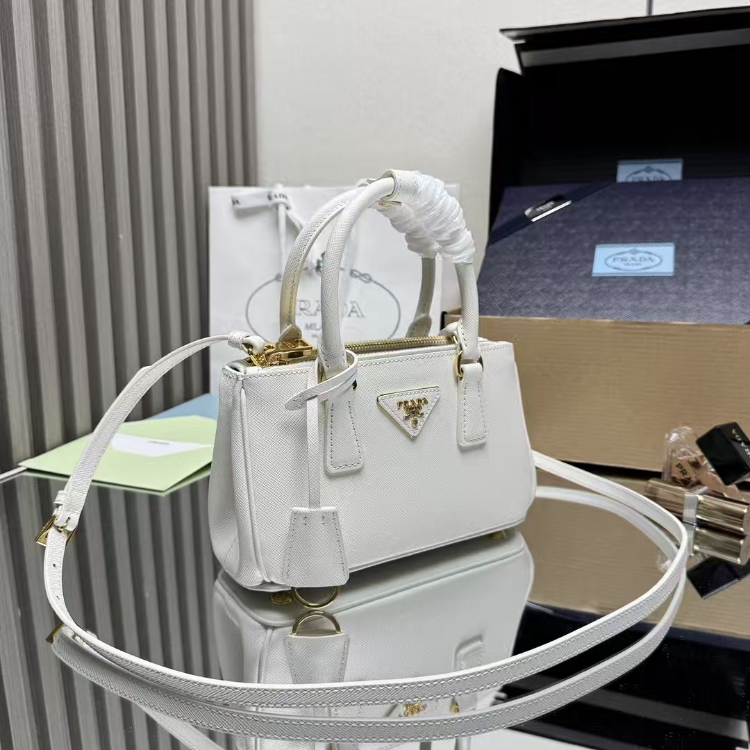 Prada White Saffiano Leather Mini Galleria Bag | Elongated Silhouette & Detachable Strap