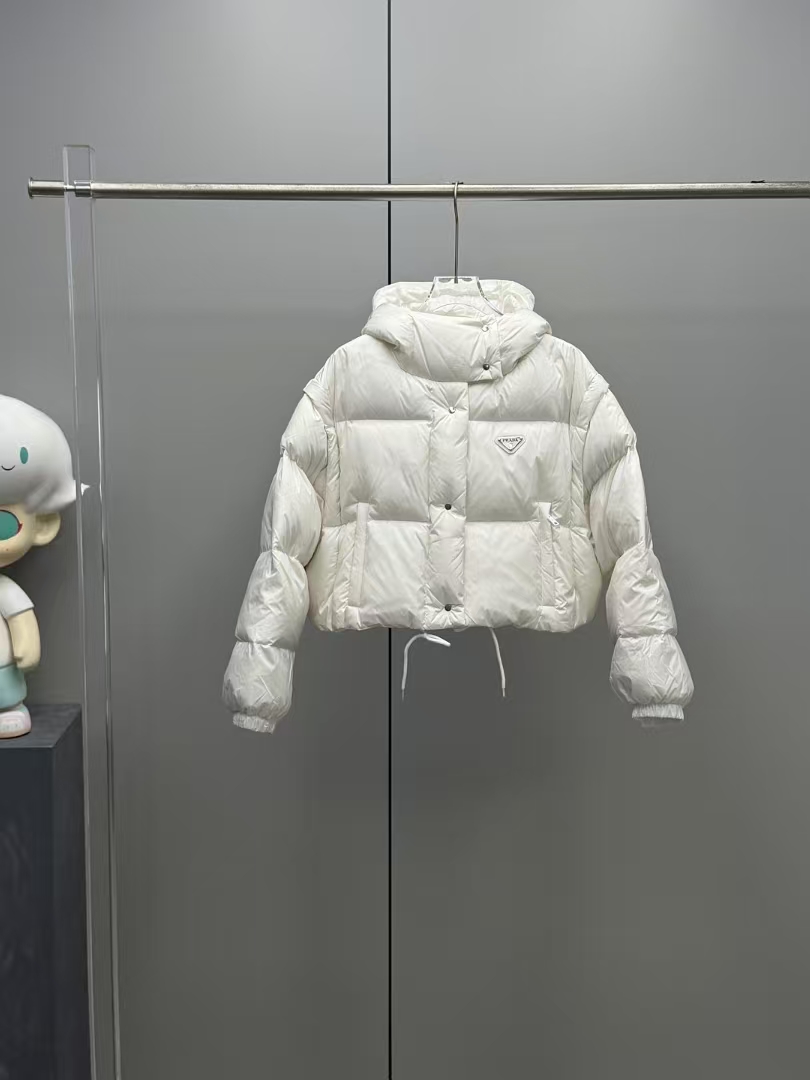 Prada White Reversible Short Puffer in Re-Nylon | Detachable Sleeves, Reversible & Goose Down