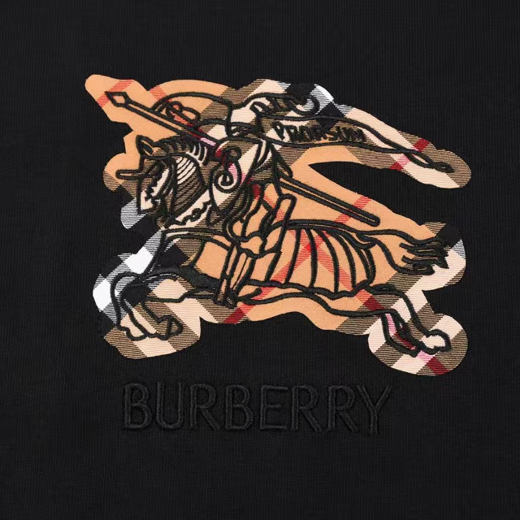 Black Burberry equestrian knight and checkered pattern cotton T-shirt - short sleeve