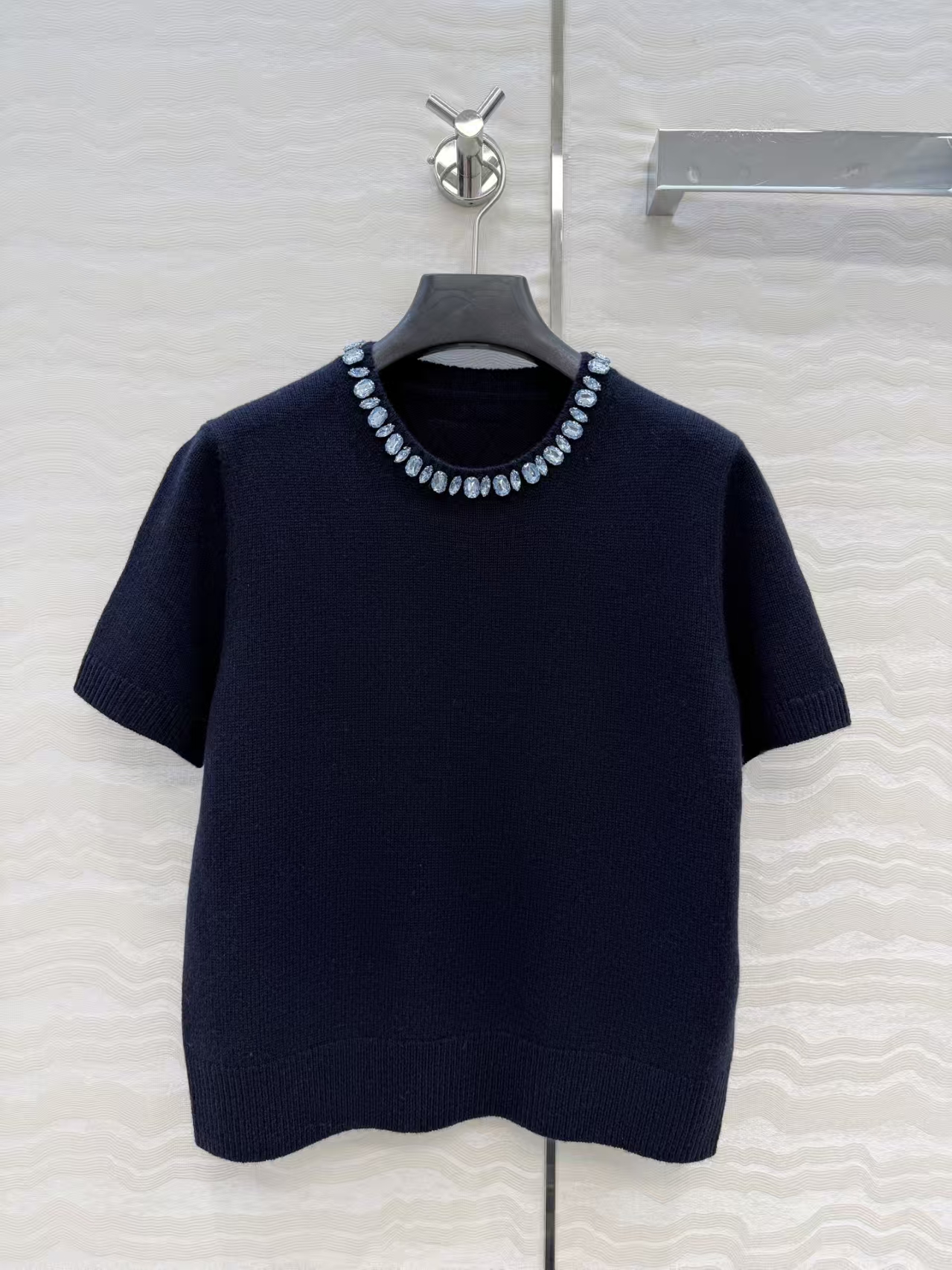 Prada Blue Wool & Cashmere Sweater | Crystal Jewelry Embellishment