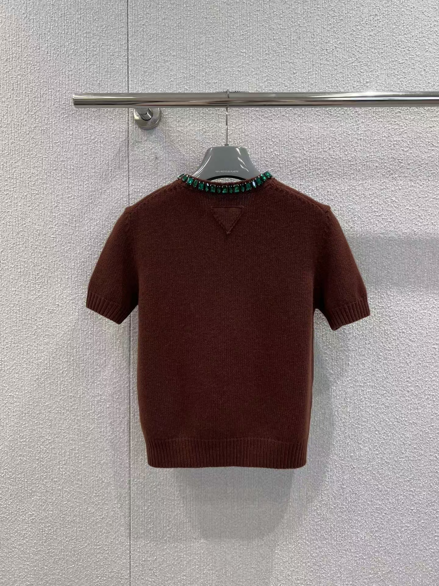 Prada Tobacco Wool & Cashmere Sweater | Crystal-Embellished Necklin