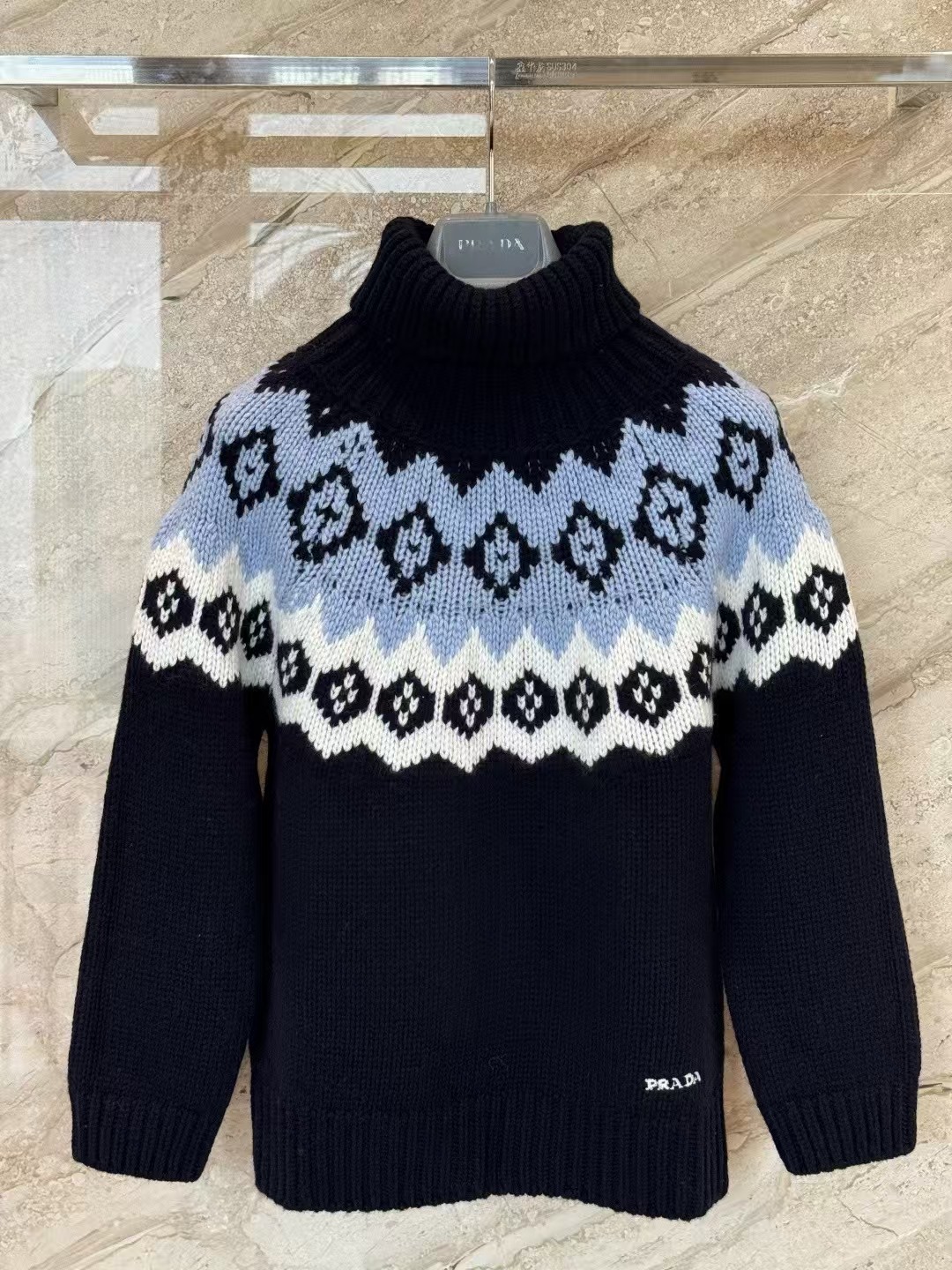 Prada Blue/Natural Wool-Cashmere Sweater | Intarsia Knit & Ski-Inspired Desig