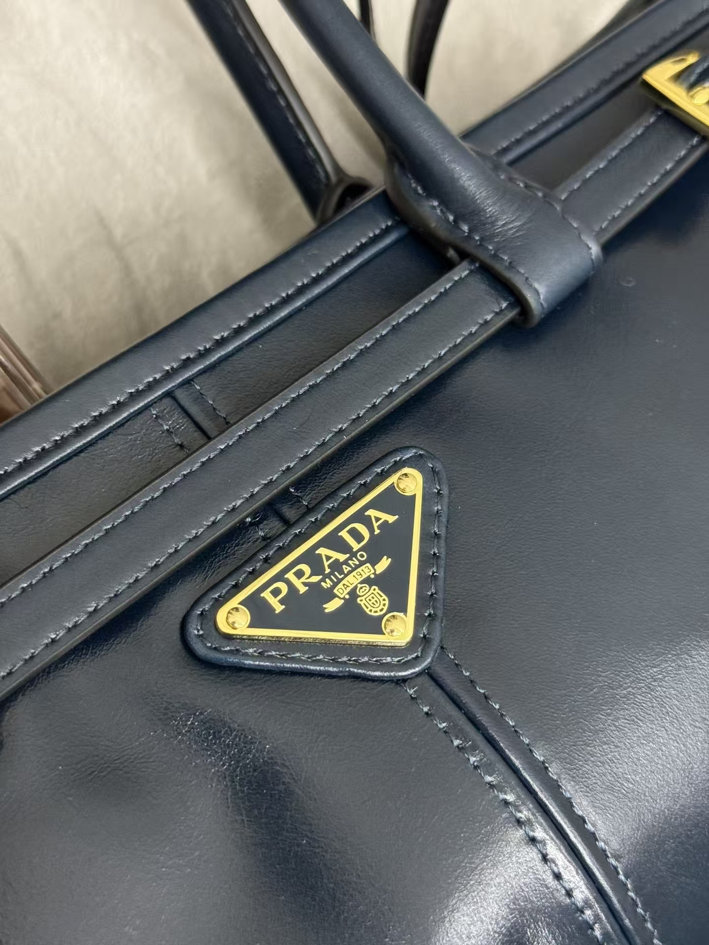 Prada Denim Blue Medium Bonnie Leather Bag | Geometric Design & Casual Chic Style