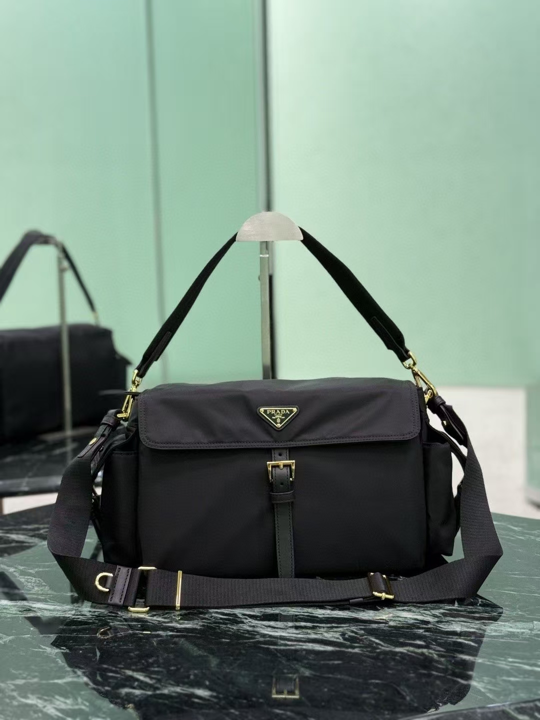 Prada Black Large Explore Shoulder Bag | Re-Nylon, Quilted Handles & Multi-Pocket
