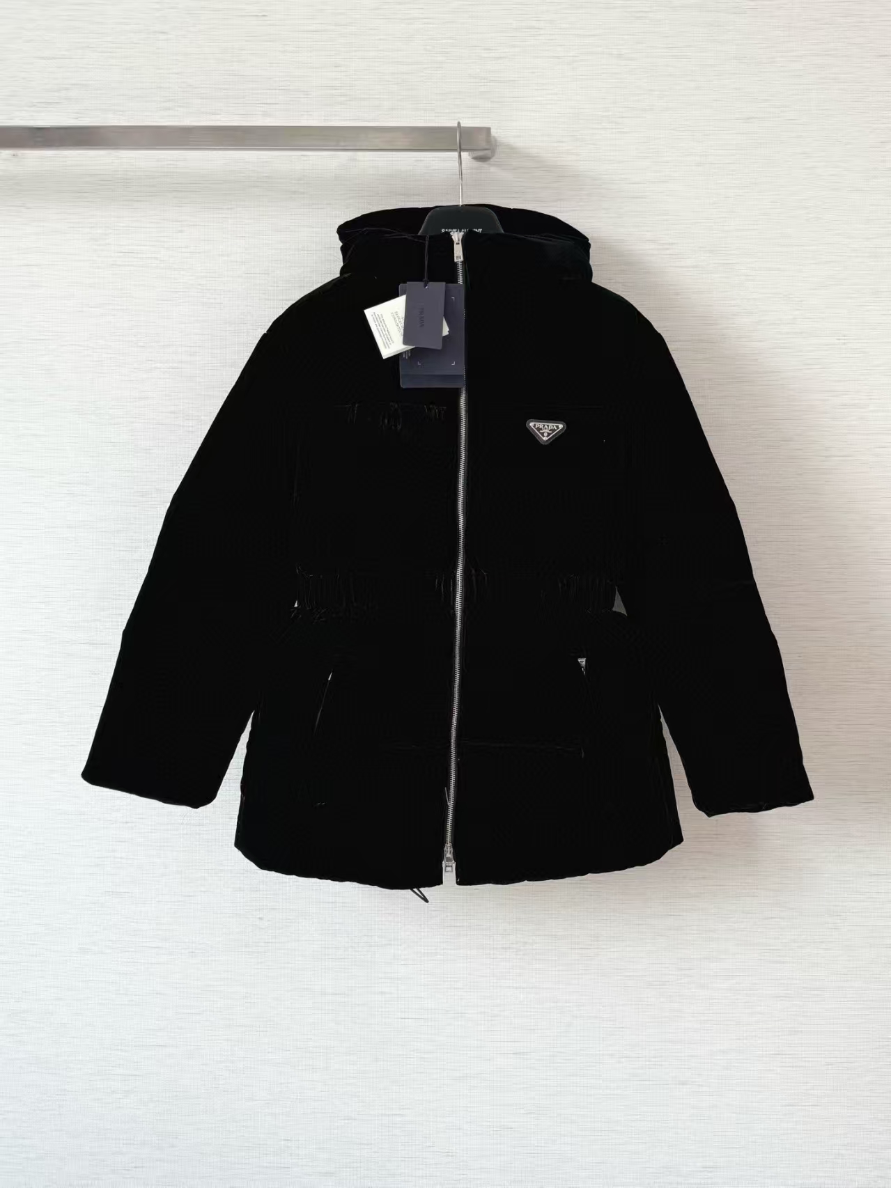 Prada Black Velvet-Textured Down Jacket | Elastic Waistband & Iconic Logo