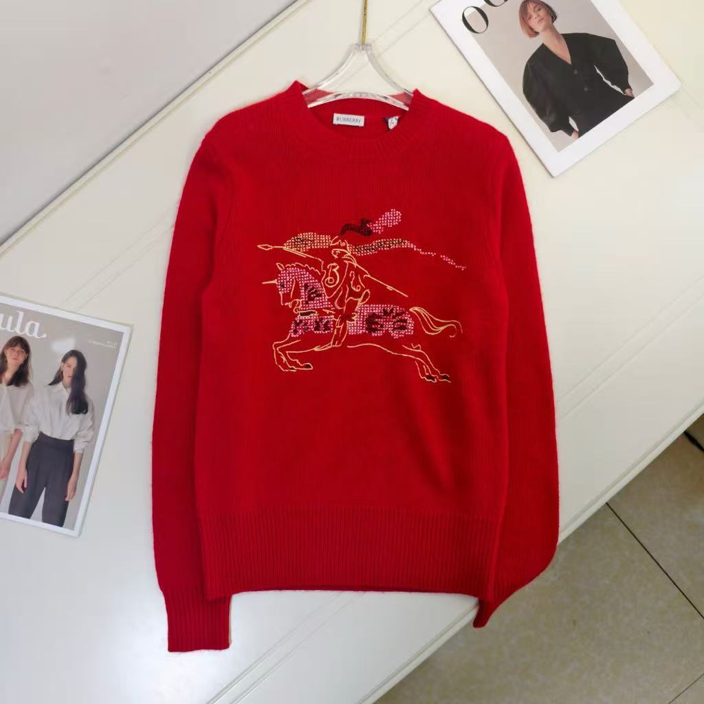 Burberry Cross-Stitch Equestrian Knight Emblem Wool Blend Knit Sweater for Women