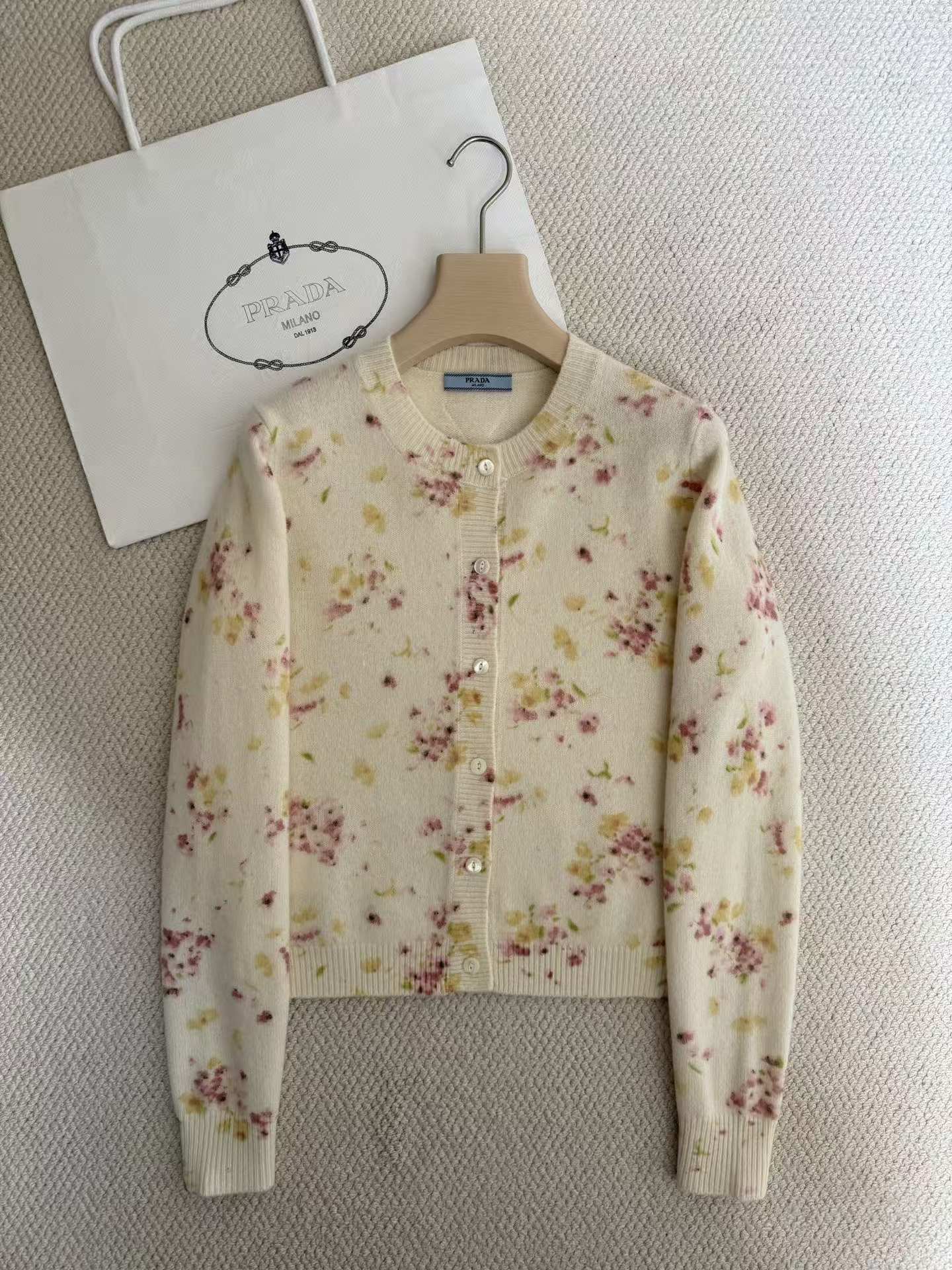 Prada Begonia Pink Floral Print Wool Cardigan | Slim Fit & Vintage Charm