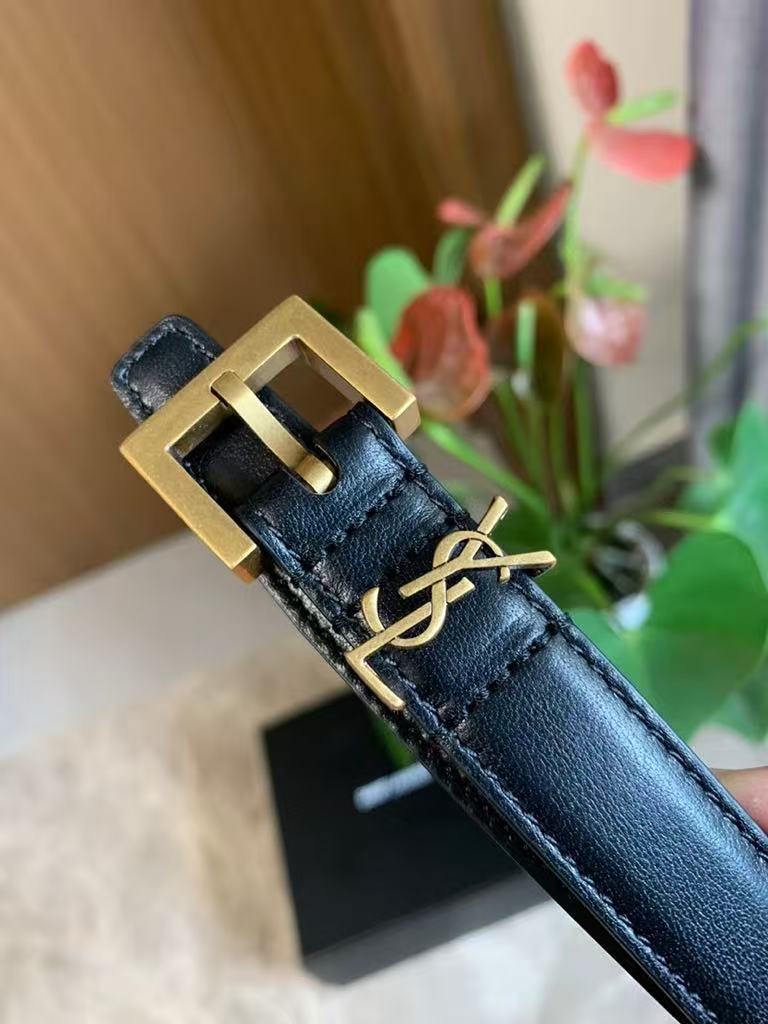 YSL Cassandre Square Buckle Belt - Narrow Grained Leather Strap
