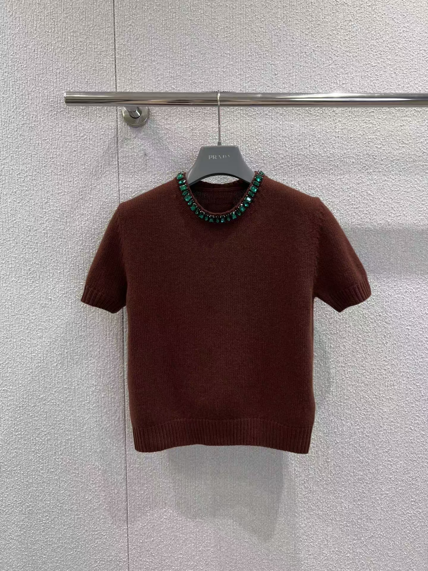 Prada Tobacco Wool & Cashmere Sweater | Crystal-Embellished Necklin
