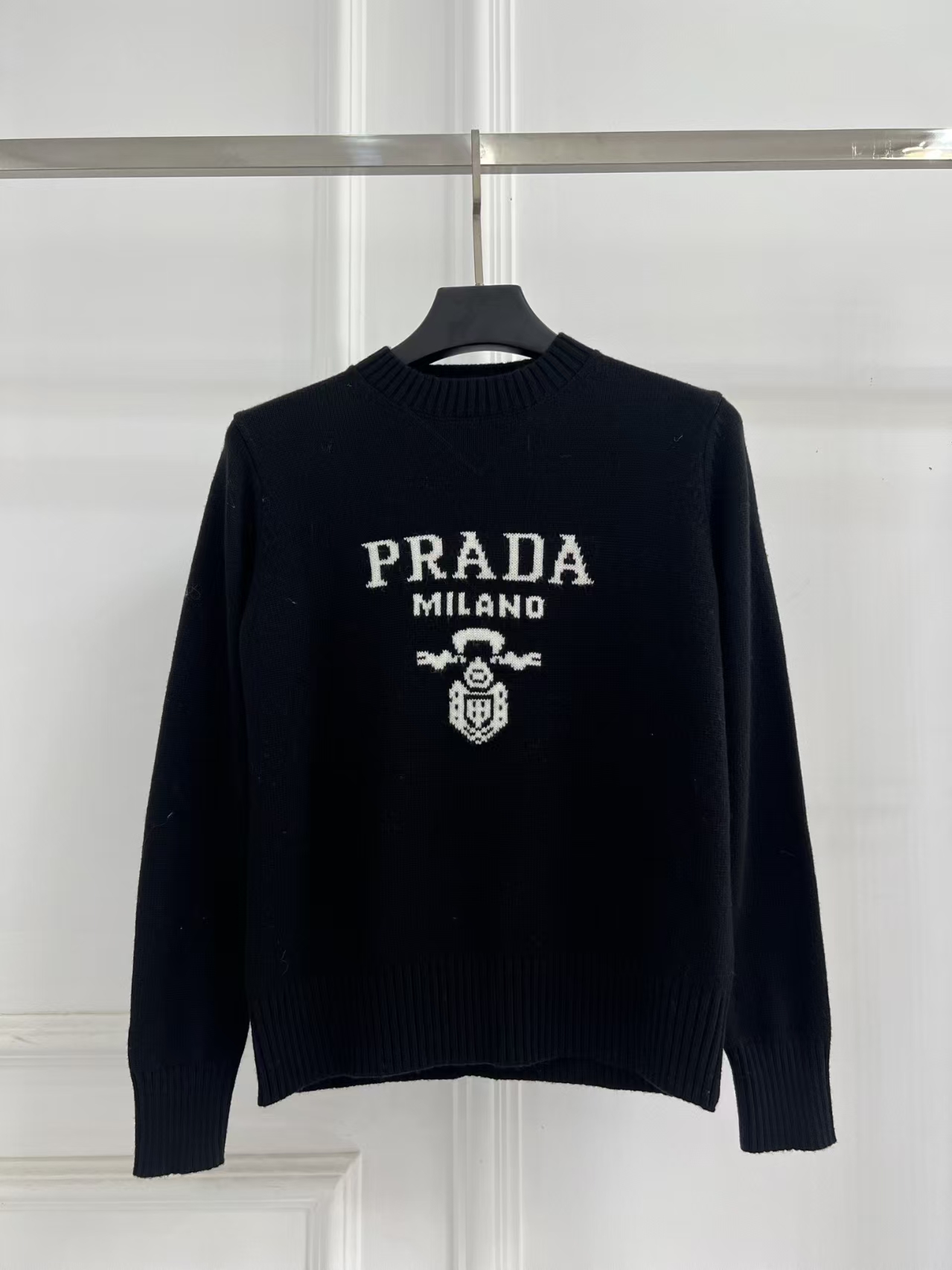 Prada Black Cashmere & Wool Sweater | Intarsia Logo & Classic Men's Fit