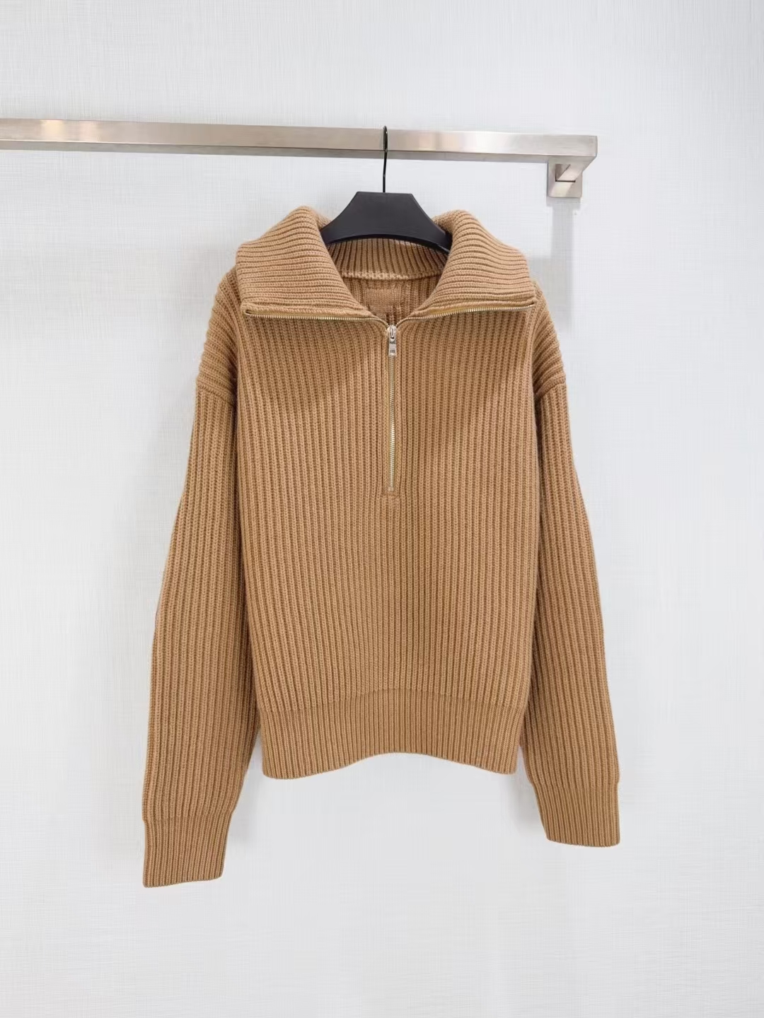 Prada Camel Ribbed Cashmere Sweater | Oversized Fit & Leather Elbow Patche