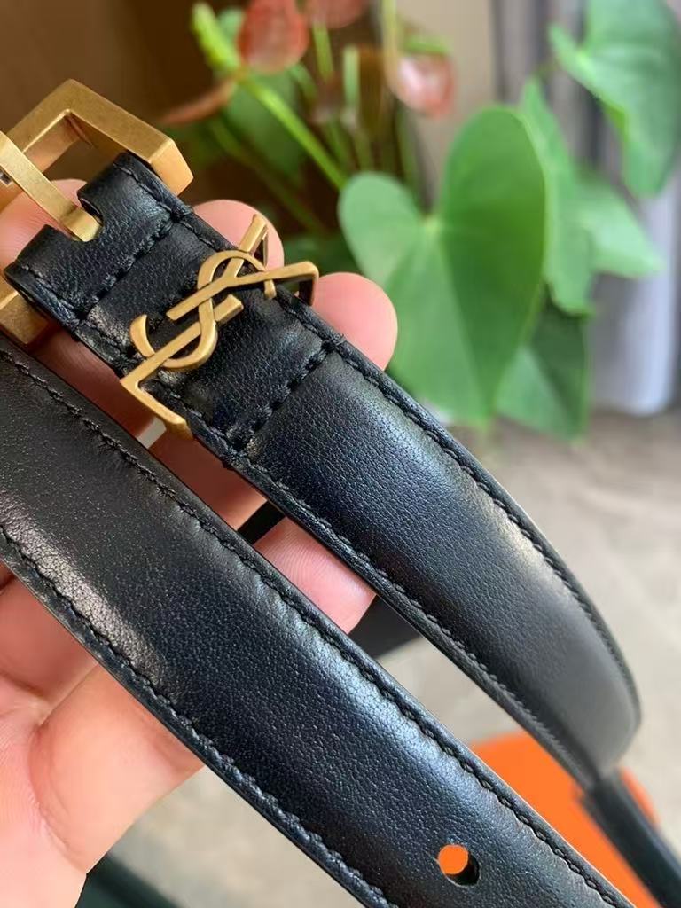 YSL Cassandre Square Buckle Belt - Narrow Grained Leather Strap