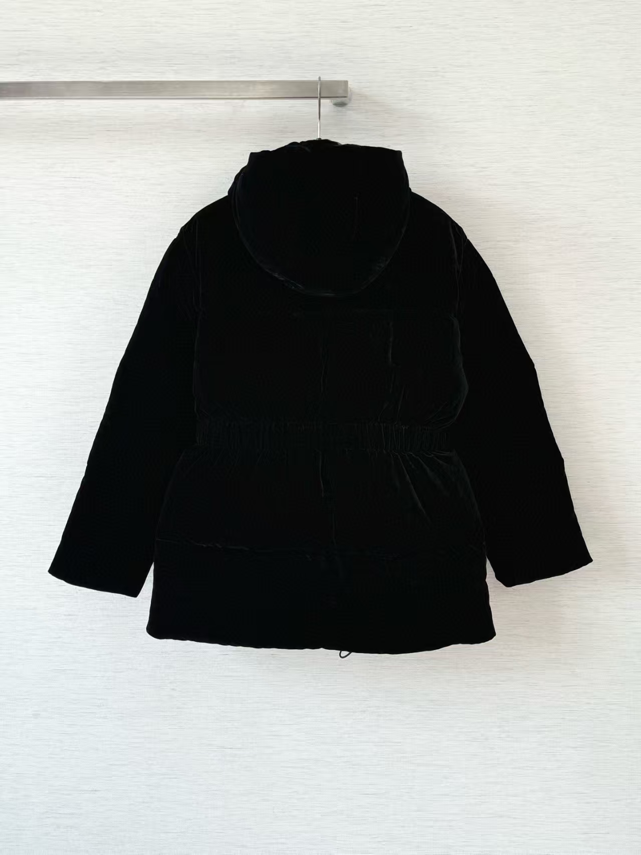 Prada Black Velvet-Textured Down Jacket | Elastic Waistband & Iconic Logo