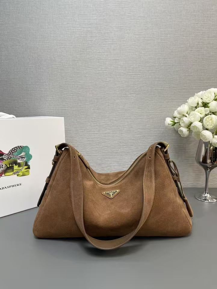 Prada Cinnamon Medium Aimée Suede Leather Shoulder Bag | Warm Minimalist, Soft Silhouette