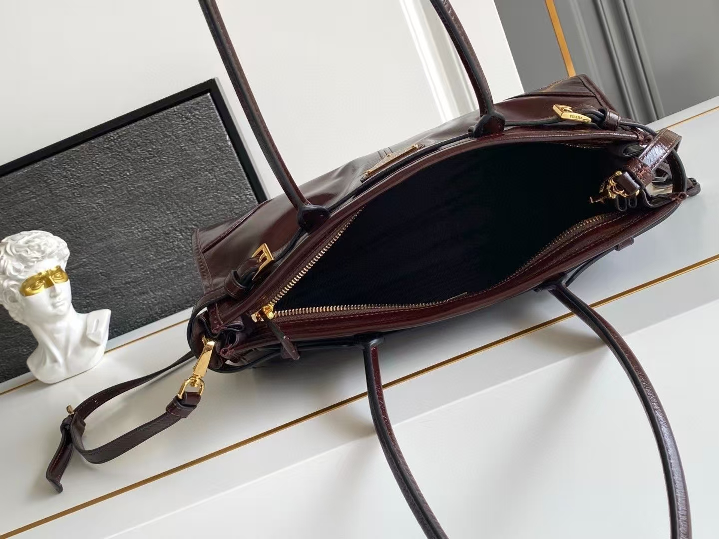 Prada Dark Brown Medium Bonnie Leather Bag | Geometric Design & Glossy Finish