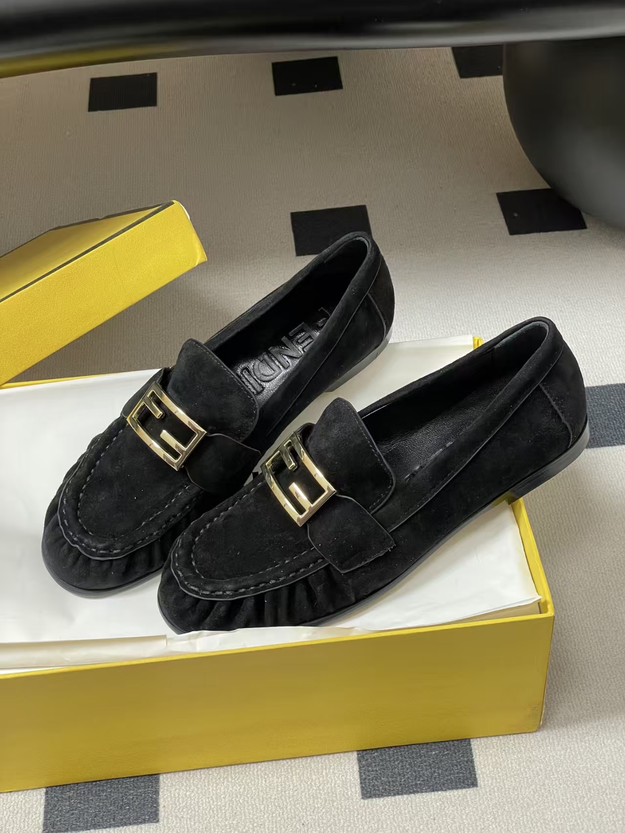 FENDI Baguette Crinkle Round-Toe Retro Loafer in Black Suede