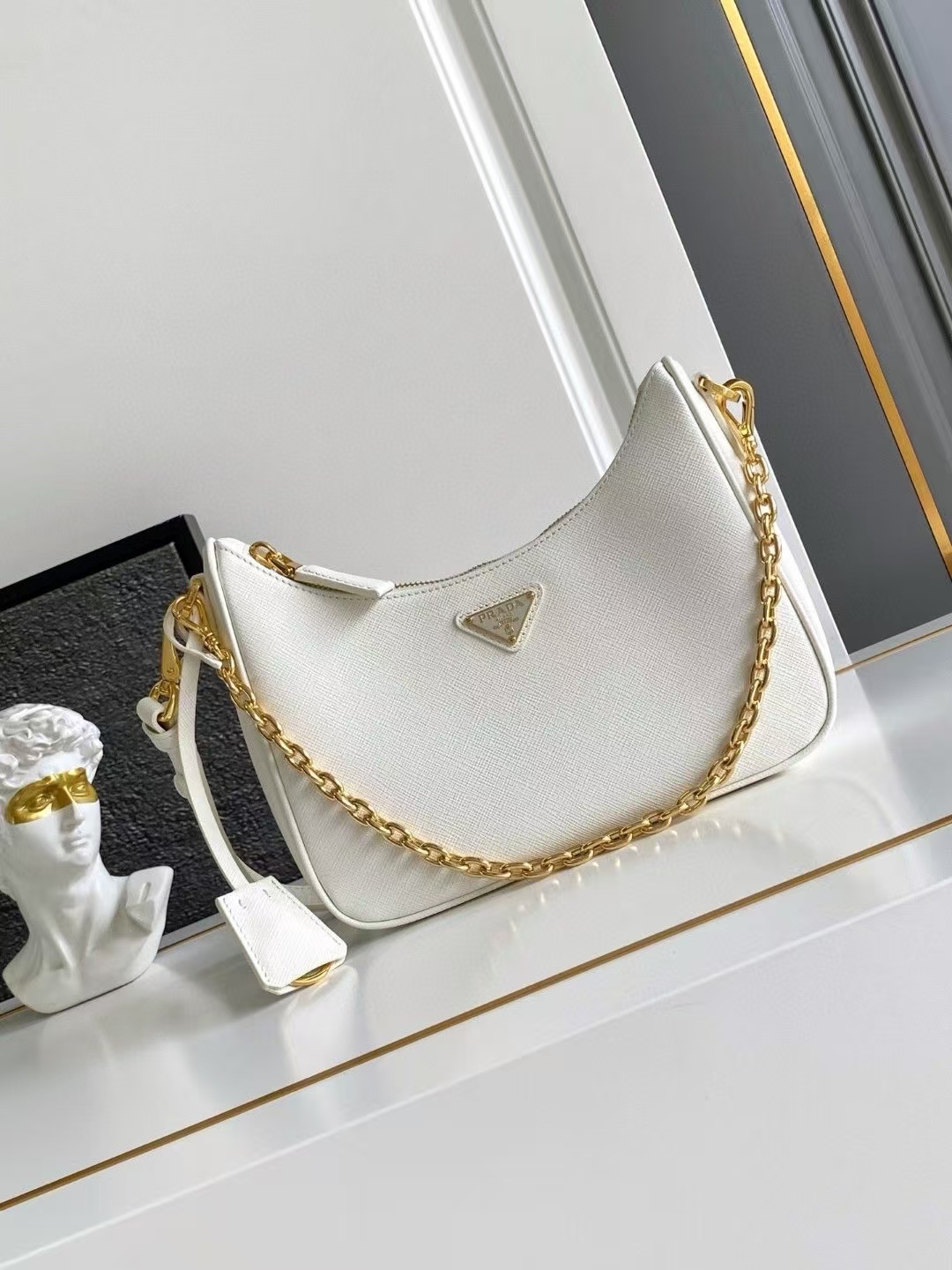 Prada White Re-Edition Saffiano Leather Mini Bag | Detachable Chain & Leather Handles