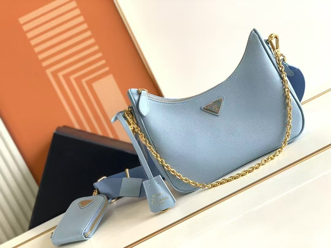 Prada Light Blue Re-Edition 2005 Saffiano Three-in-One Bag | Detachable Pouch & Soft Pastel Hue