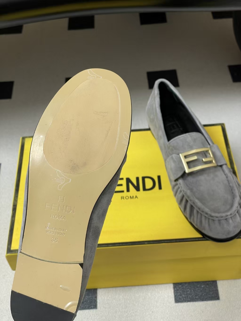 FENDI Baguette Crinkle Round-Toe Retro Loafer in Grey Suede