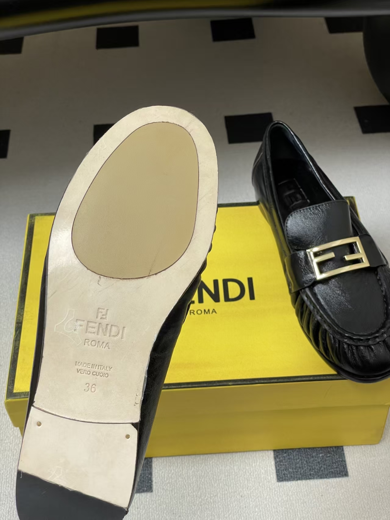 FENDI Baguette Crinkle Round-Toe Retro Loafer in Black Leather