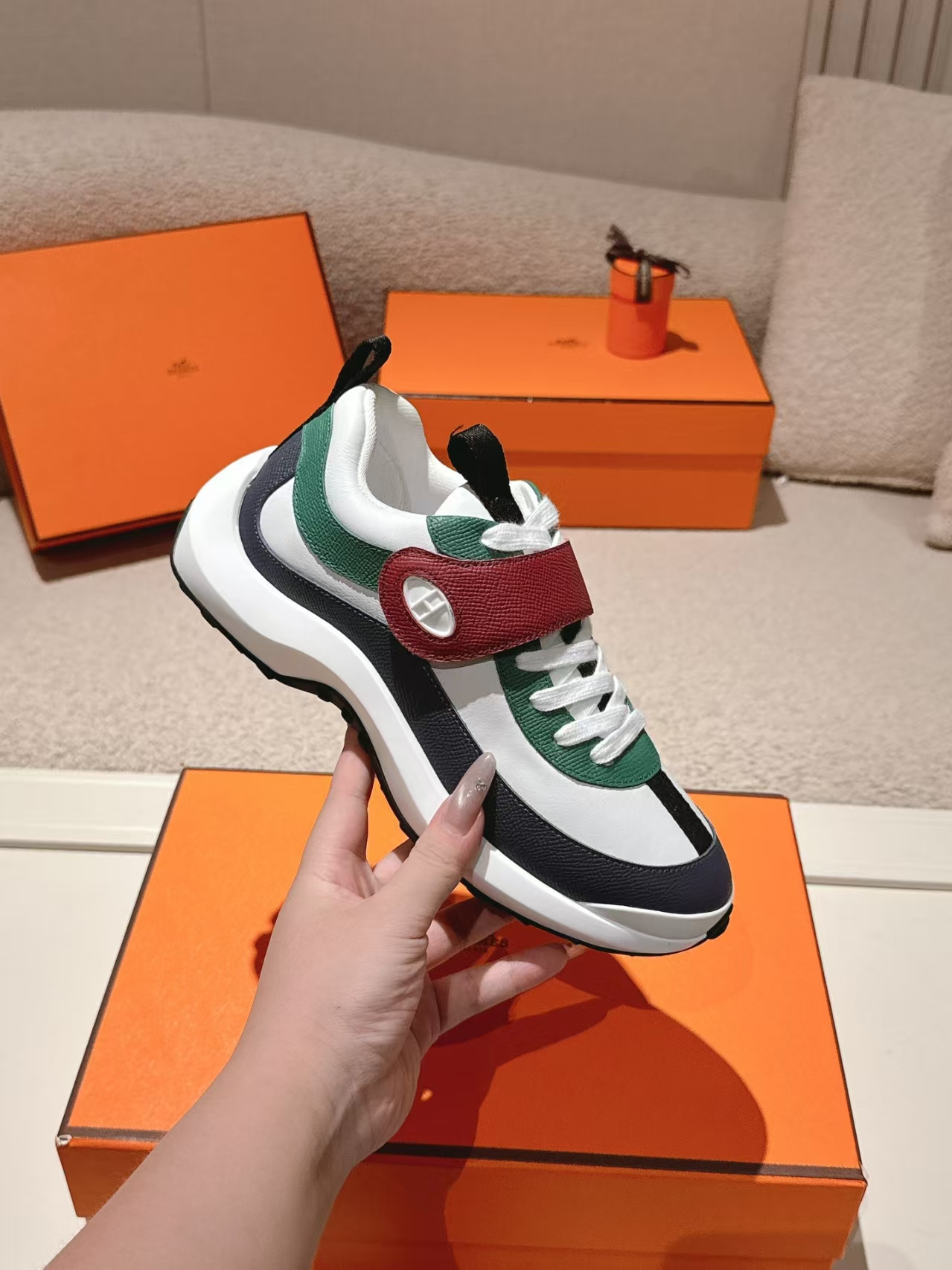 HERMÈS Loop White, Black & Red Full-Grain Calfskin Casual Sneaker