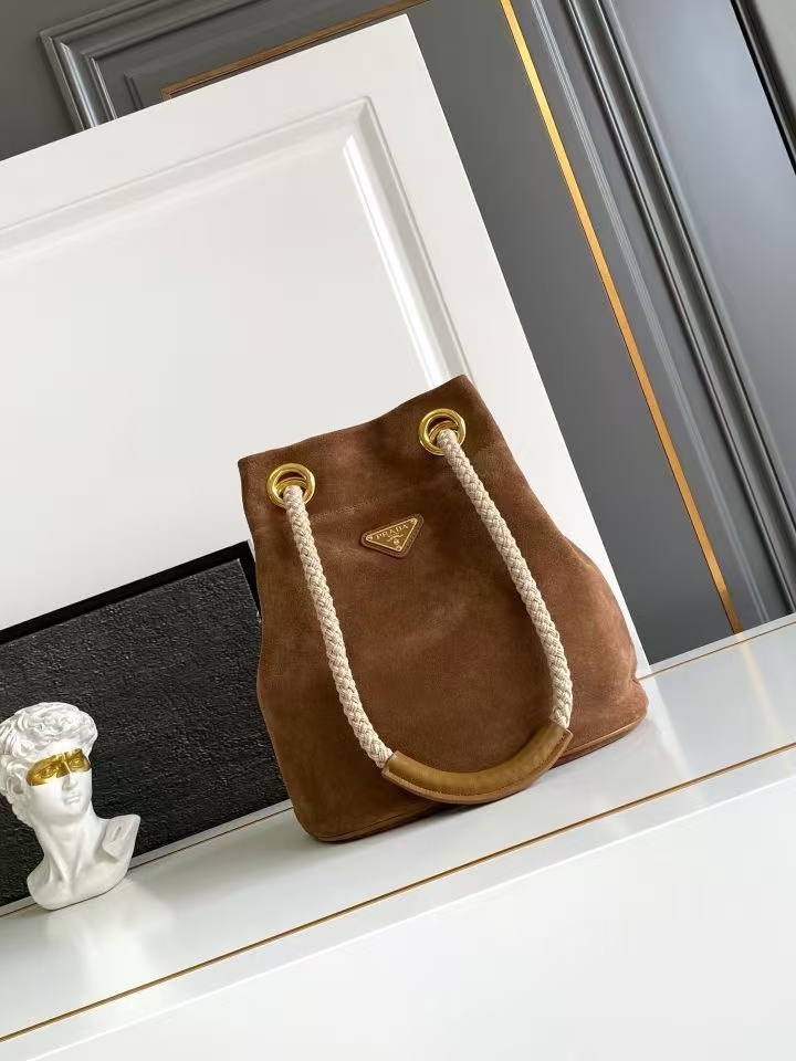 Prada Cinnamon Small Mariner Suede Leather Bucket Bag | Nautical Inspired, Sliding Rope Handle