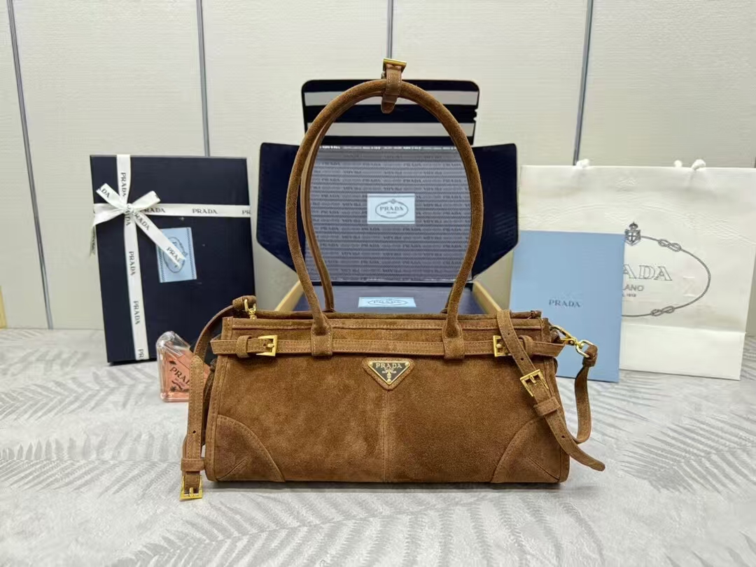 Prada Cinnamon Small Bonnie Suede Leather Shoulder Bag | Warm Textured Suede & Belt Detail