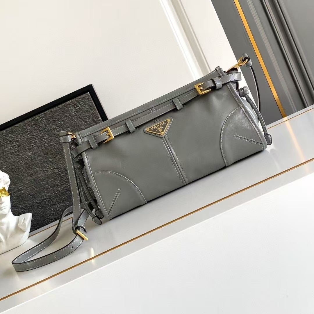 Prada Slate Grey Small Bonnie Leather Shoulder Bag | Modern Neutral Hue & Structured Rectangular Silhouette