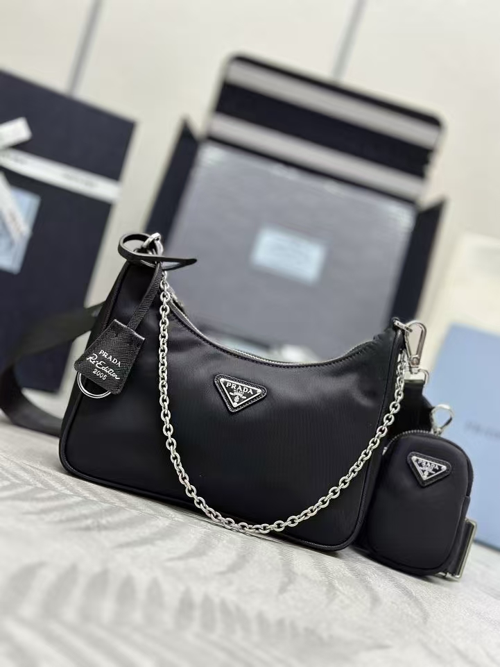 Prada Black Re-Edition 2005 Re-Nylon Three-in-One Bag | Detachable Pouch & Chain Handle