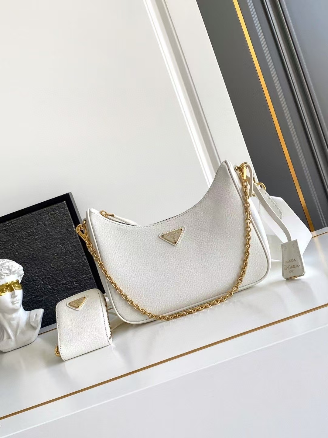 Prada White Re-Edition 2005 Saffiano Three-in-One Bag | Detachable Pouch & Chain Handle