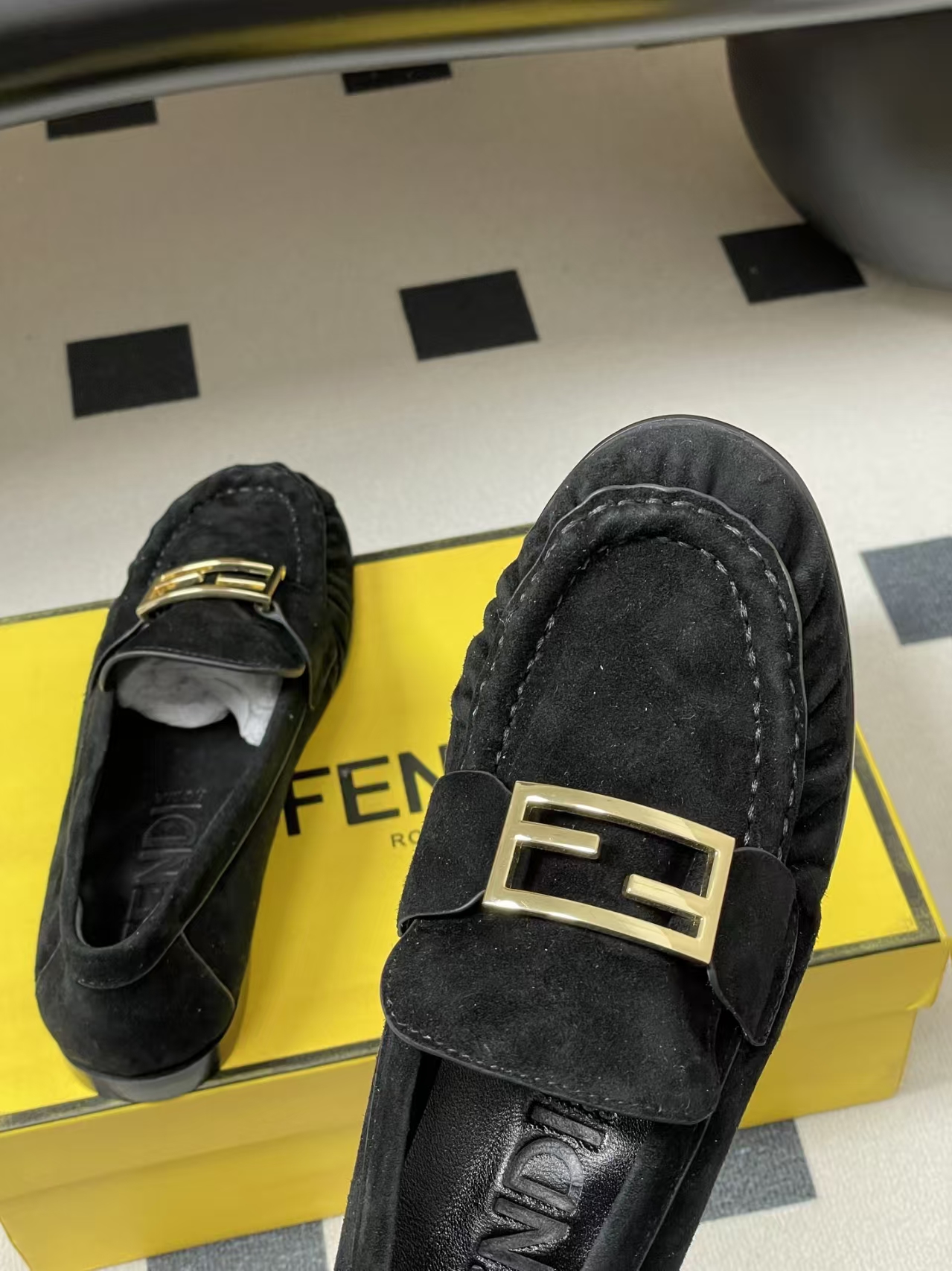 FENDI Baguette Crinkle Round-Toe Retro Loafer in Black Suede