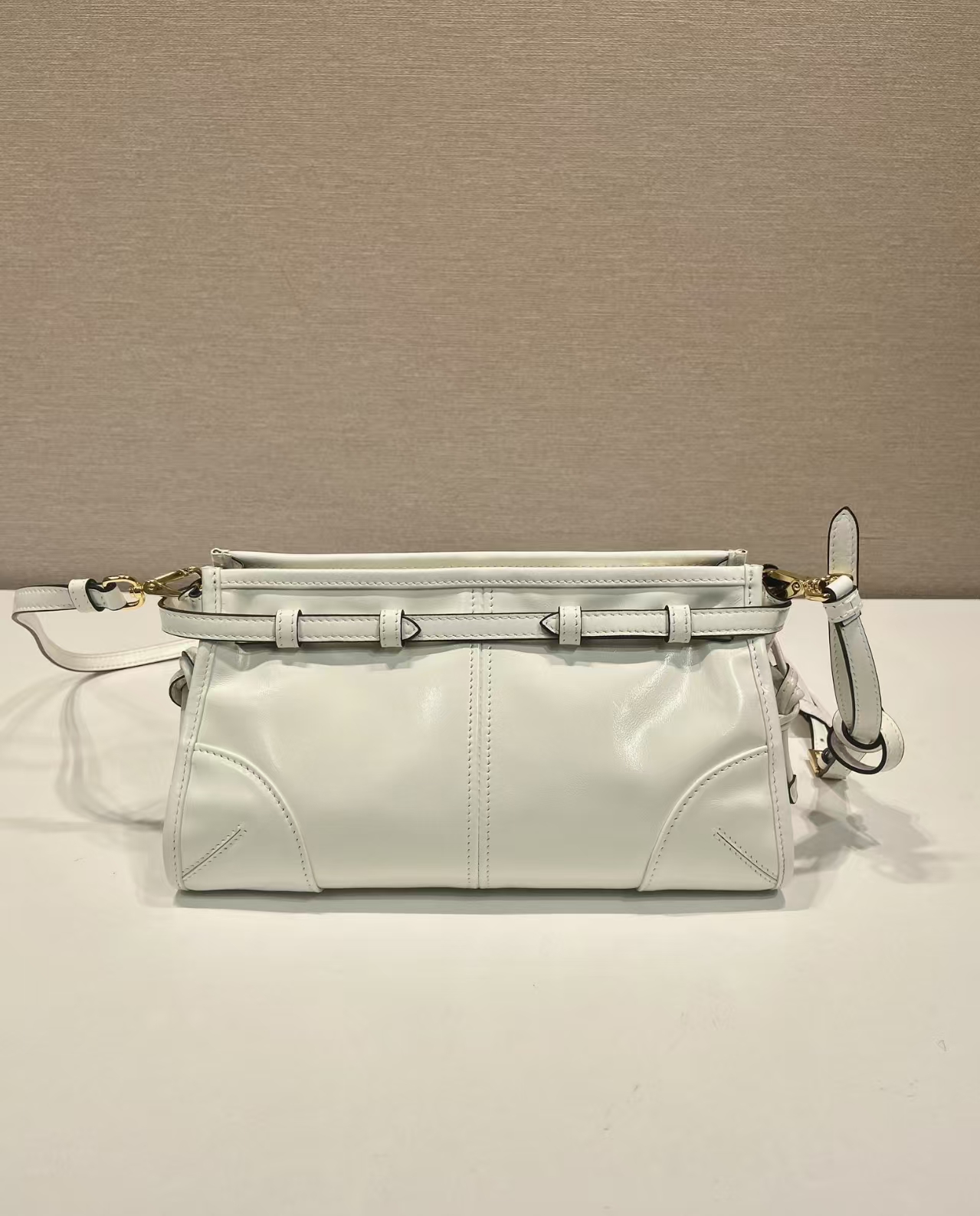 Prada White Small Bonnie Leather Shoulder Bag | Clean Minimalist Design & Glossy Finish