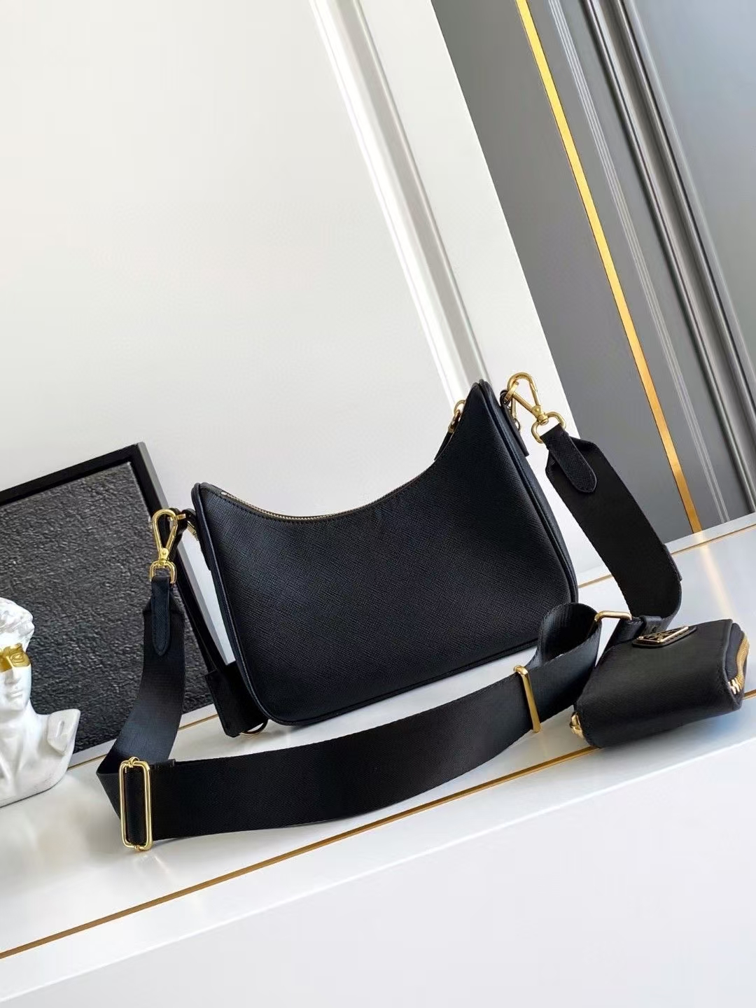 Prada Black Re-Edition 2005 Saffiano Three-in-One Bag | Detachable Pouch & Chain Handle