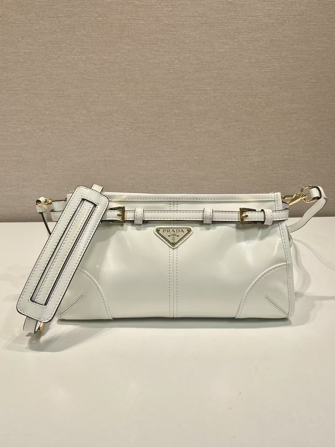 Prada White Small Bonnie Leather Shoulder Bag | Clean Minimalist Design & Glossy Finish