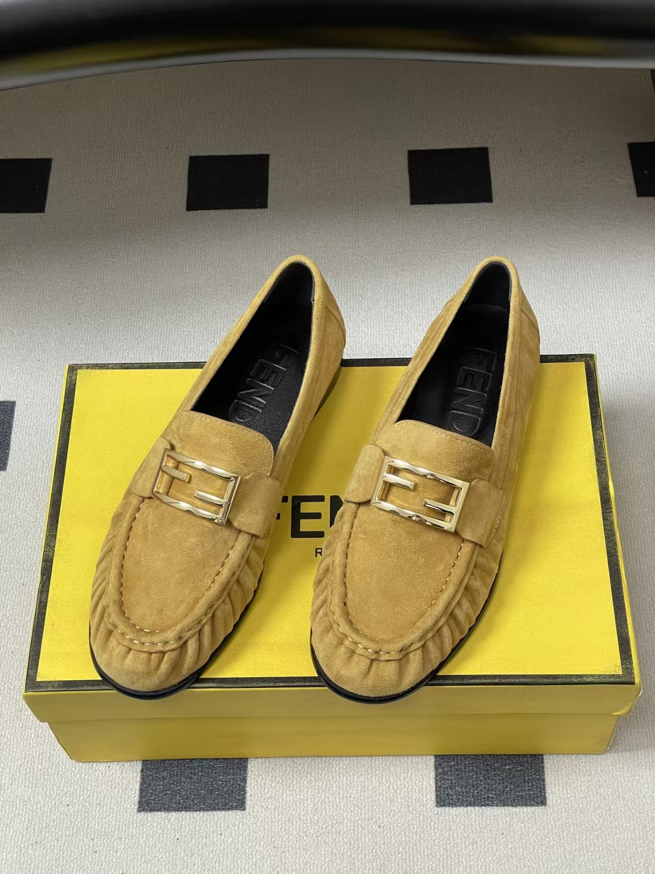 FENDI Baguette Crinkle Round-Toe Retro Loafer in Khaki Suede