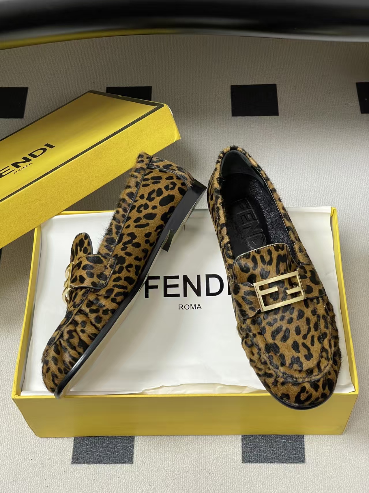 FENDI Baguette Crinkle Round-Toe Retro Loafer in Leopard Print Leather