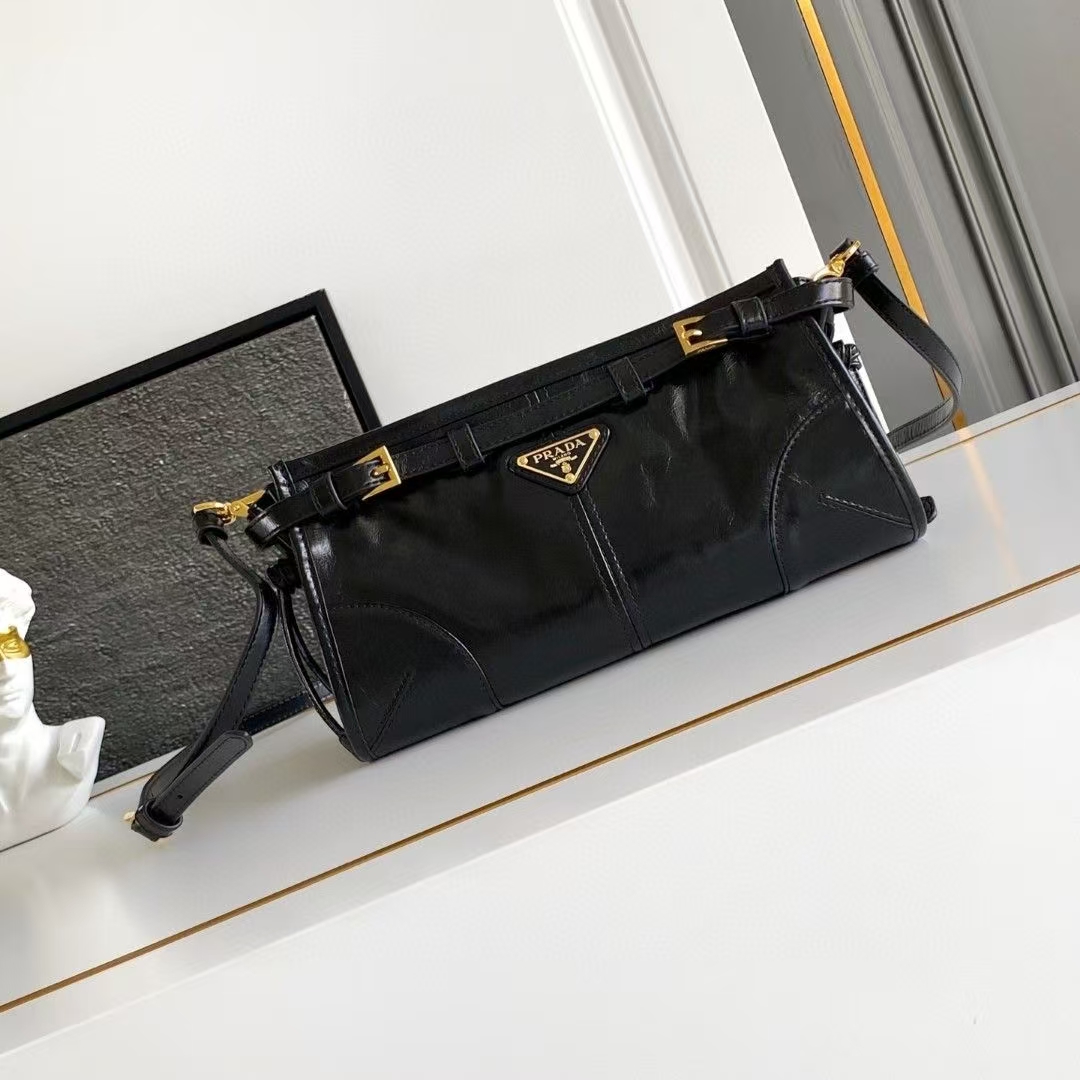 Prada Black Small Bonnie Leather Shoulder Bag | Glossy Rectangular Silhouette & Adjustable Strap