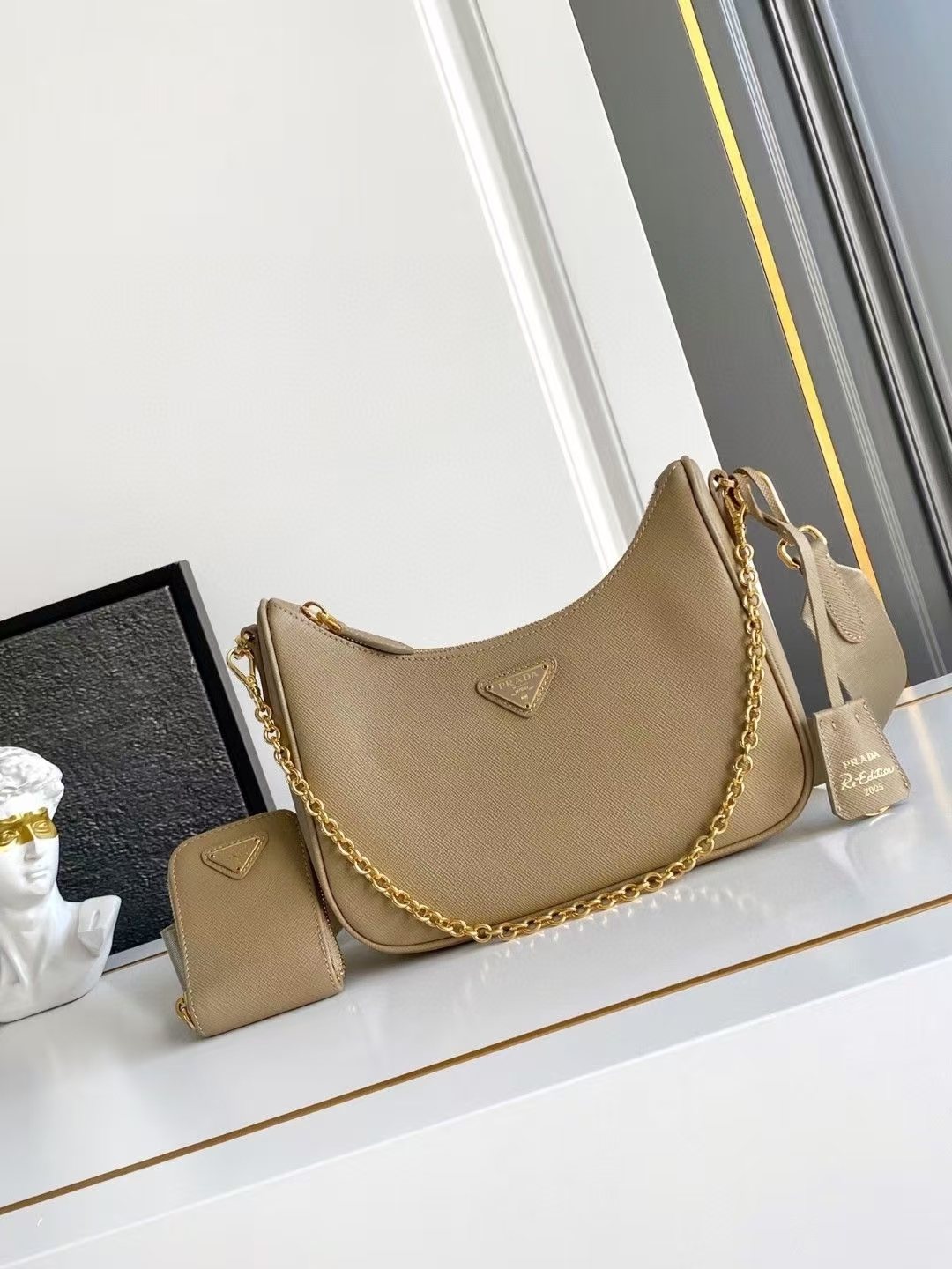 Prada Dusty Beige Re-Edition 2005 Saffiano Three-in-One Bag | Detachable Pouch & Soft Neutral Hue