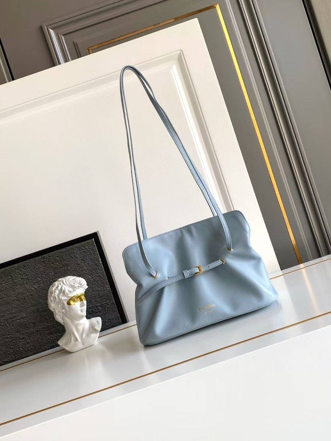 Prada Sky Blue Small Dada Nappa Leather Bag | Pleated Detail & Fresh Elegance