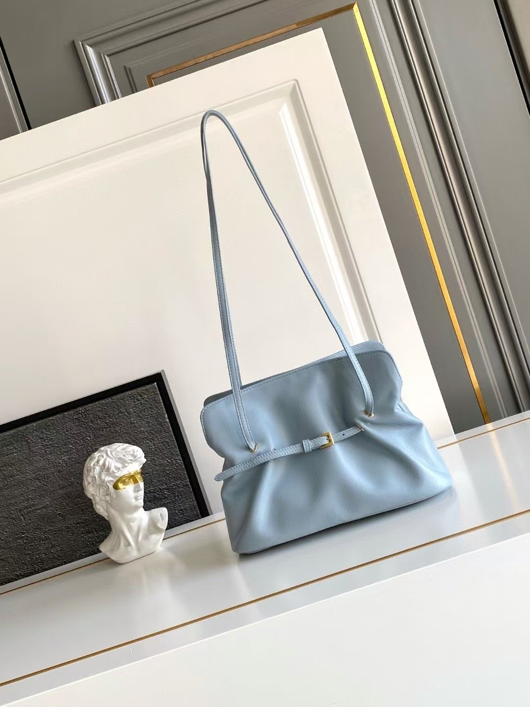 Prada Sky Blue Small Dada Nappa Leather Bag | Pleated Detail & Fresh Elegance
