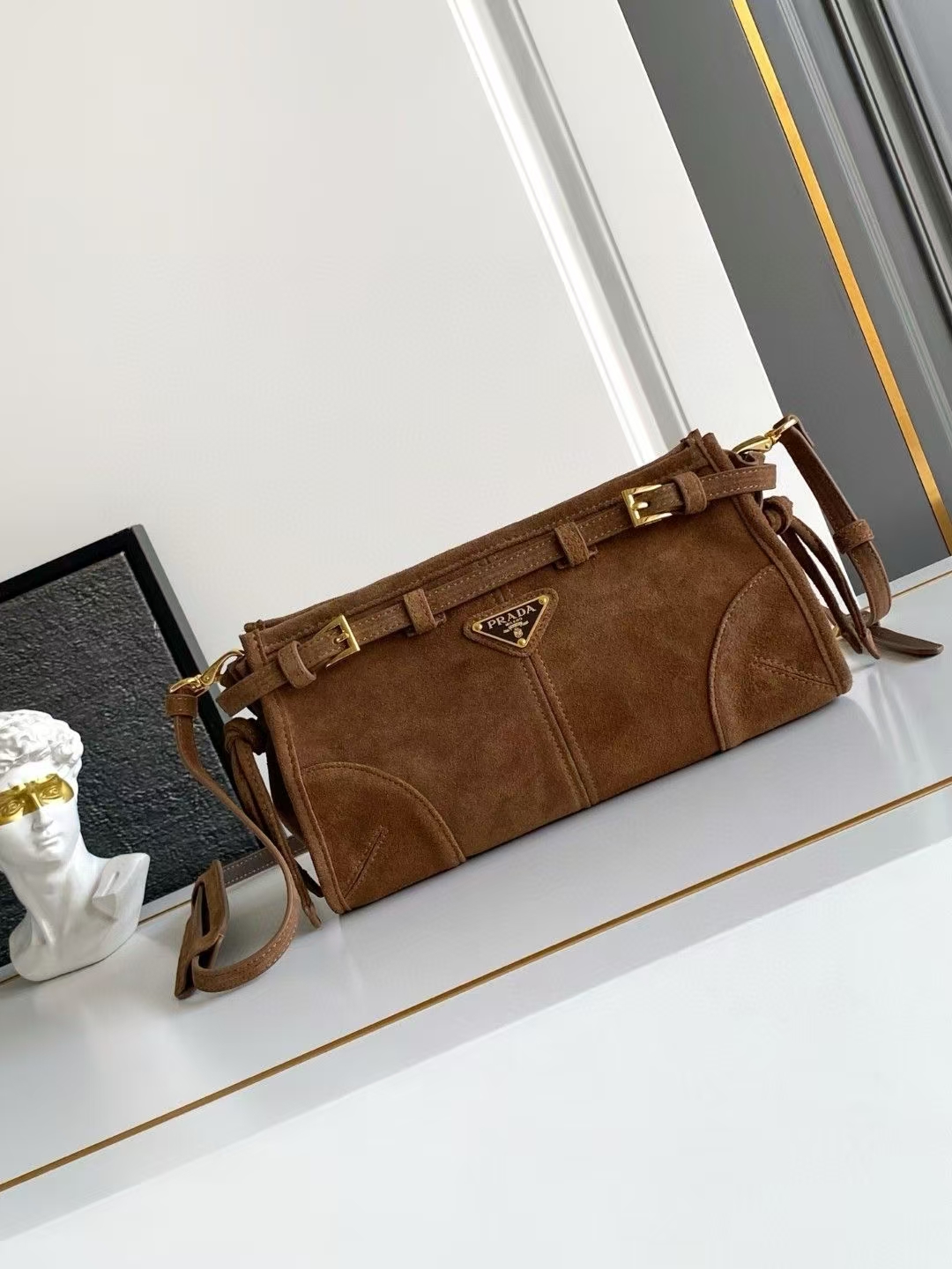 Prada Cocoa Brown Small Bonnie Suede Leather Shoulder Bag | Rich Suede Texture & Belt Accent