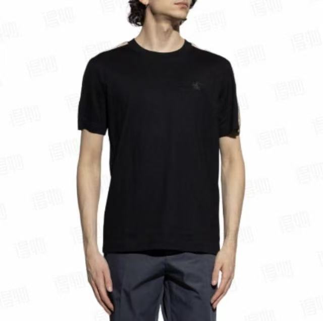 Black Burberry Cotton T-Shirt with Check Detail - Short Sleeve Crewneck Tee