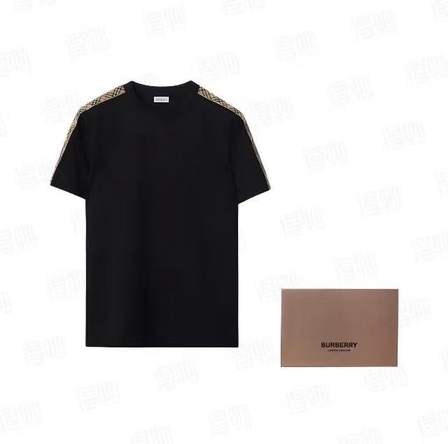 Black Burberry Cotton T-Shirt with Check Detail - Short Sleeve Crewneck Tee