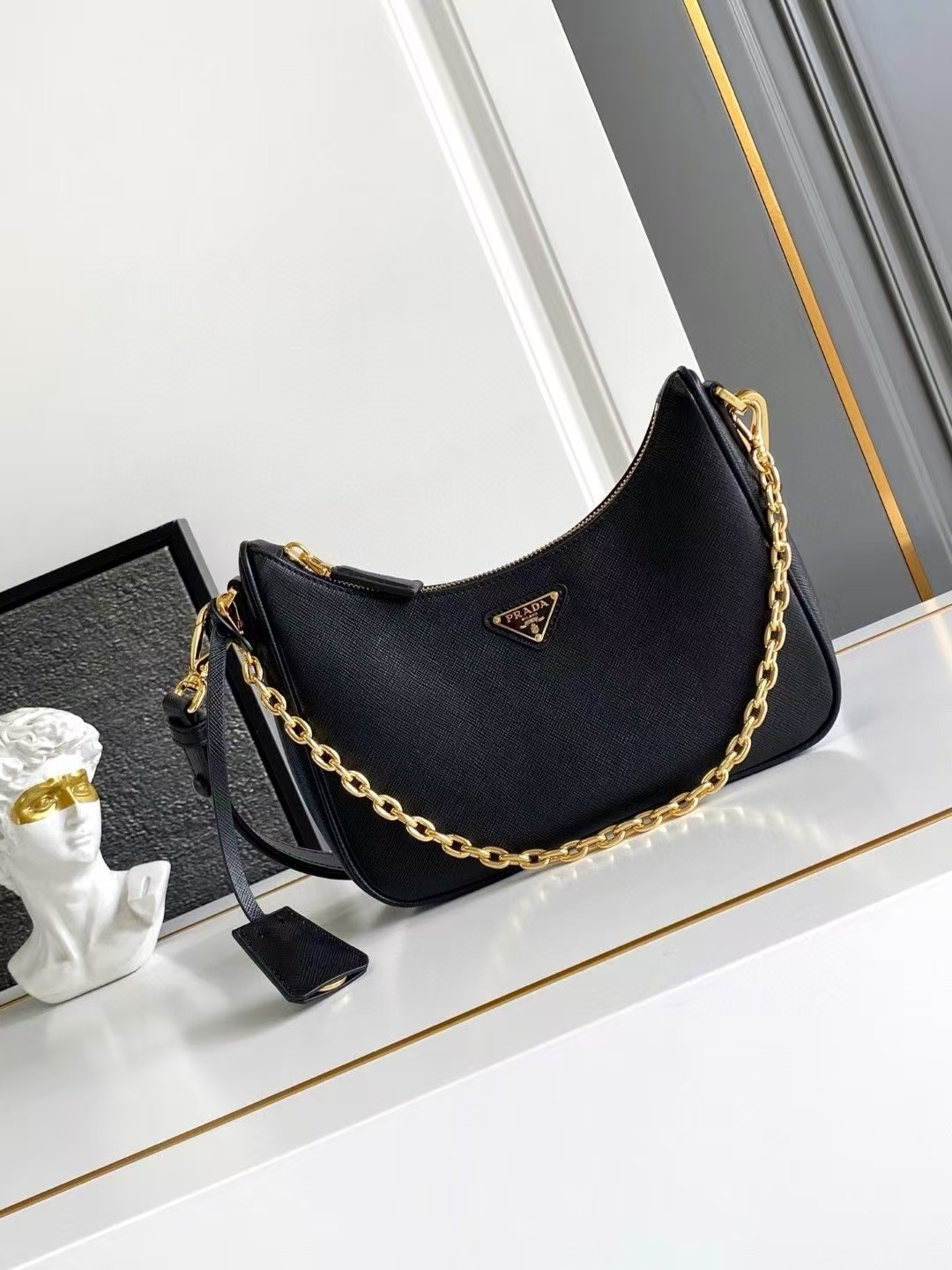 Prada Black Re-Edition Saffiano Leather Mini Bag | Detachable Chain & Leather Handles