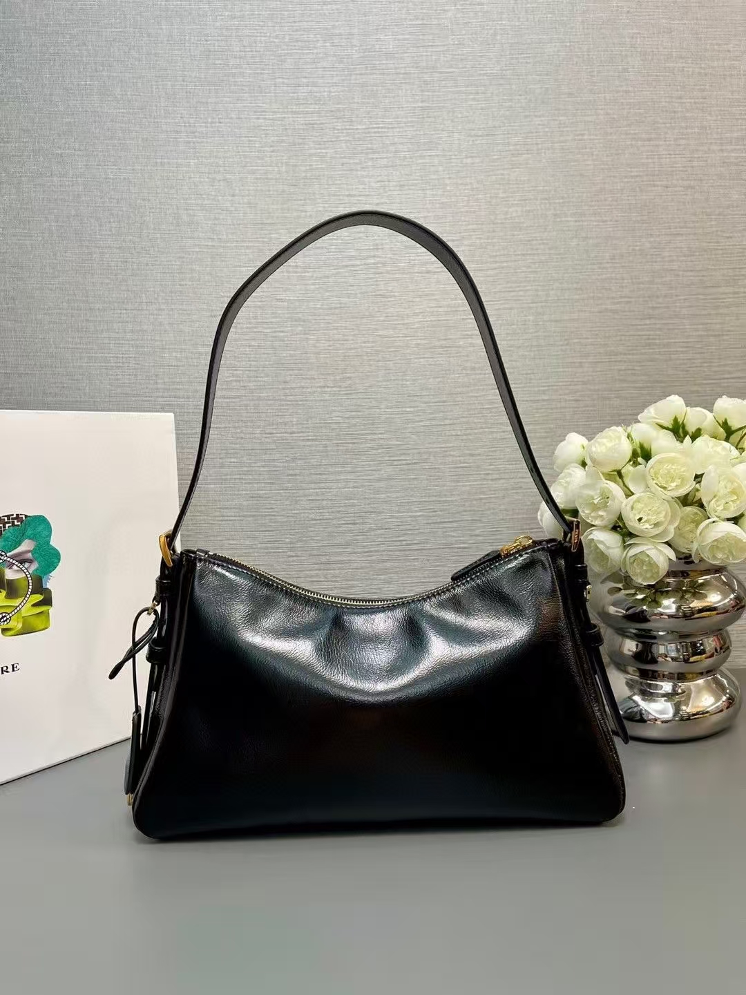 Prada Black Medium Aimée Naplak Leather Shoulder Bag | Iridescent Shine & 90s Minimalism