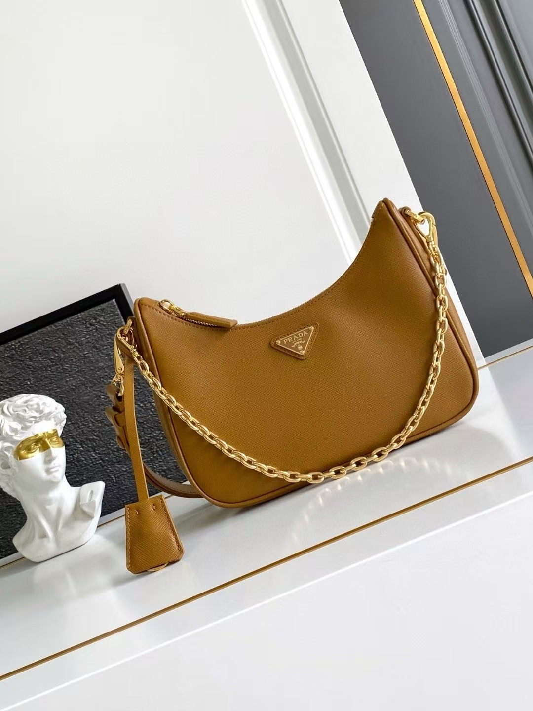 Prada Caramel Re-Edition Saffiano Leather Mini Bag | Detachable Chain & Leather Handles