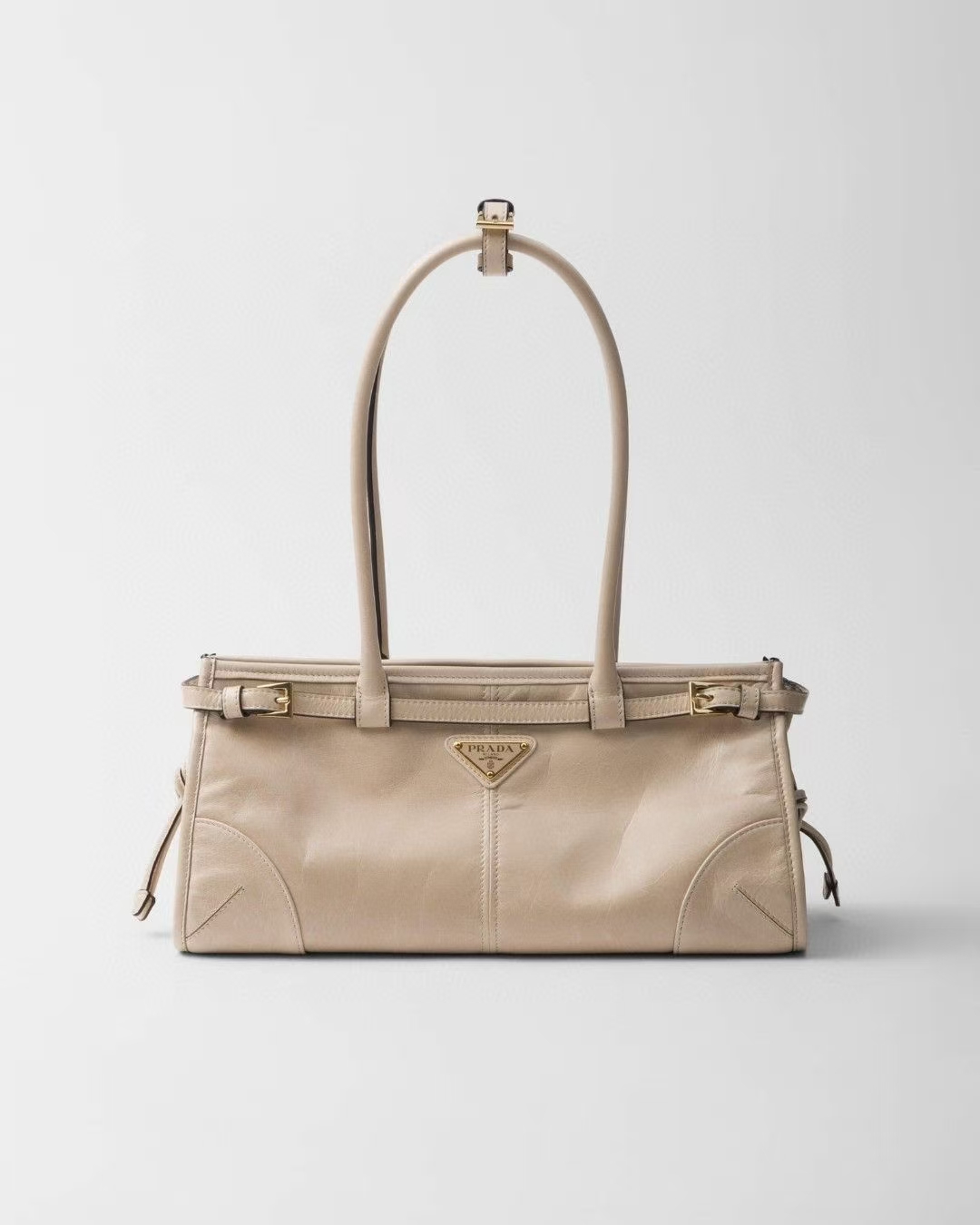 Prada Travertine Medium Bonnie Leather Bag | Geometric Design & Elevated Neutral Tone
