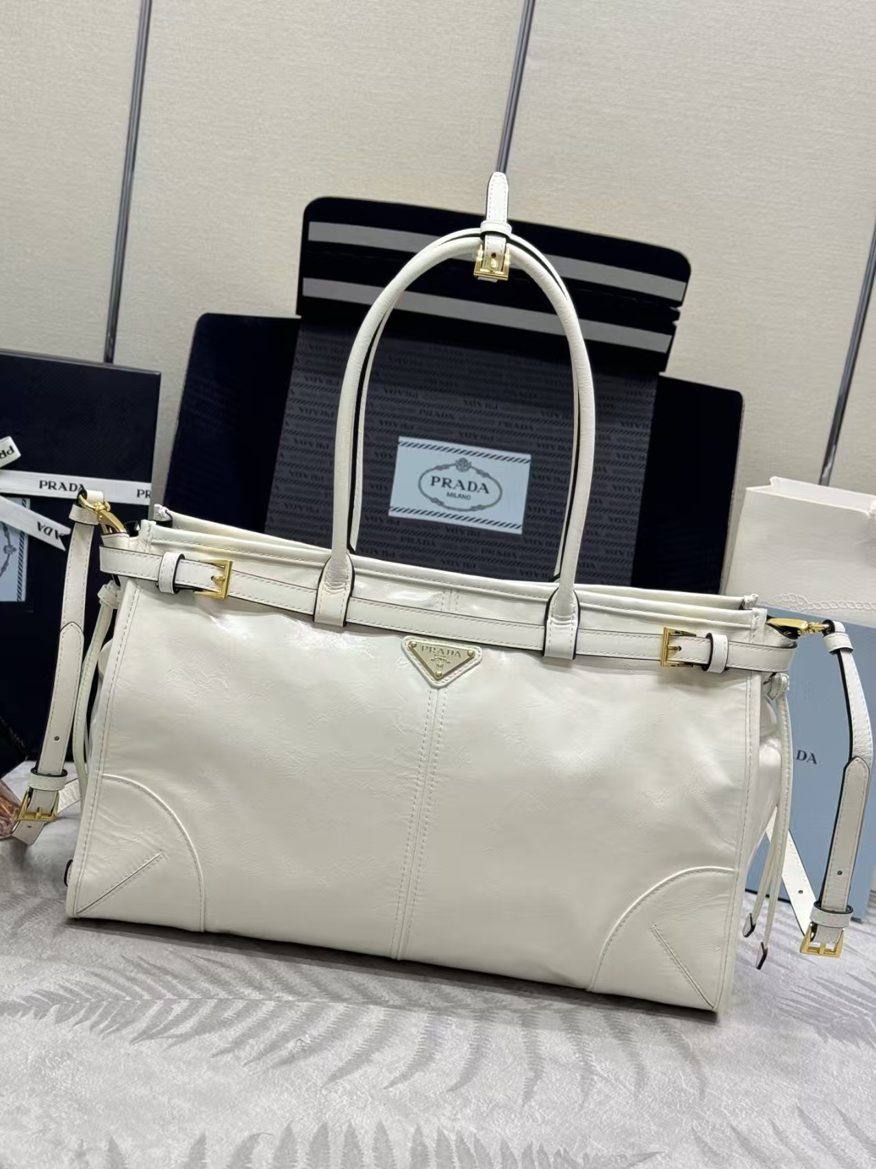 Prada White Medium Bonnie Leather Bag | Clean Geometric Design & Glossy Leather