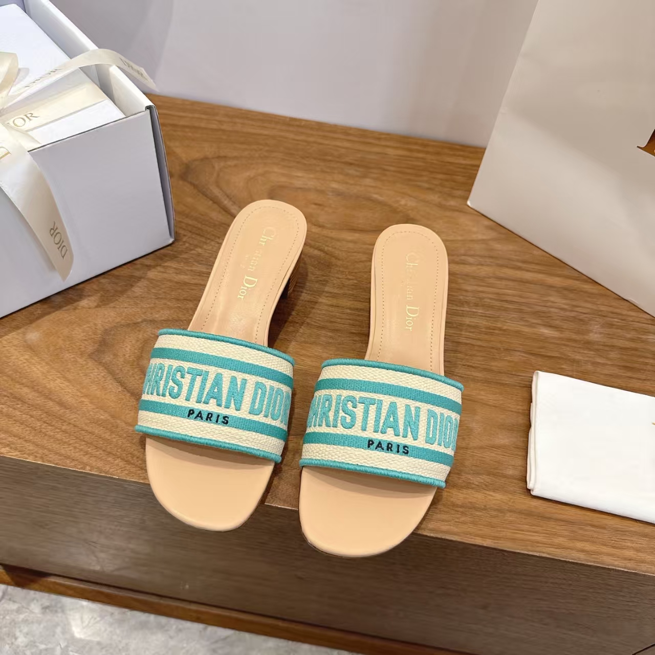 Dior 4.5cm Sky Blue Embroidered Logo High‑Heel Slide Sandal